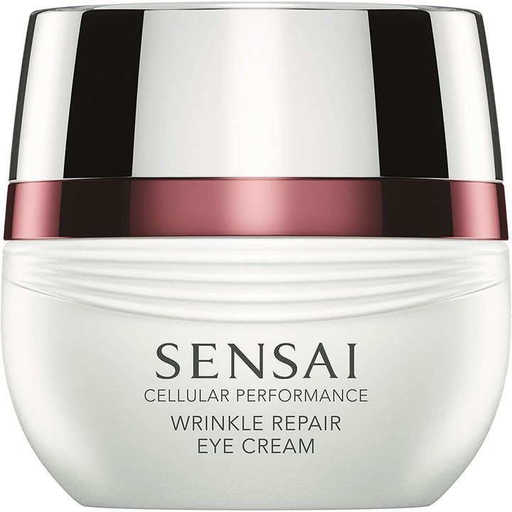 Sensai Cellular Performance Wrinkle Repair Eye Cream opstrammende øjencreme i hvid krukke med sølvlåg og bordeaux detalje.