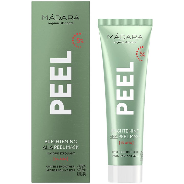 MÁDARA Peel Brightening AHA Peel Mask 60 ml eksfolierende ansigtsmaske i lysegrøn tube og æske med 5% AHA