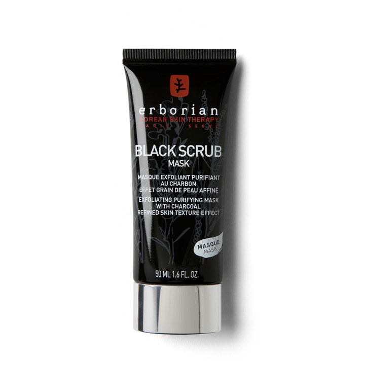 Erborian Black Scrub 50 ml eksfolierende ansigtsmaske i sort tube med sølvlåg til uren hud