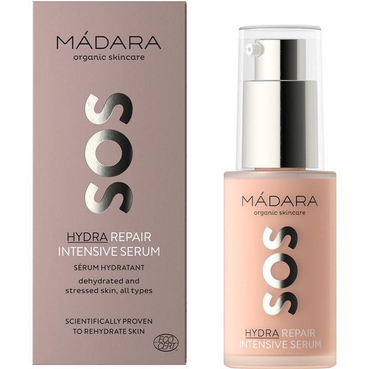 MÁDARA SOS Hydra Repair Intensive Serum 30 ml fugtgivende ansigtsserum i frostet glasflaske og lyserød æske.