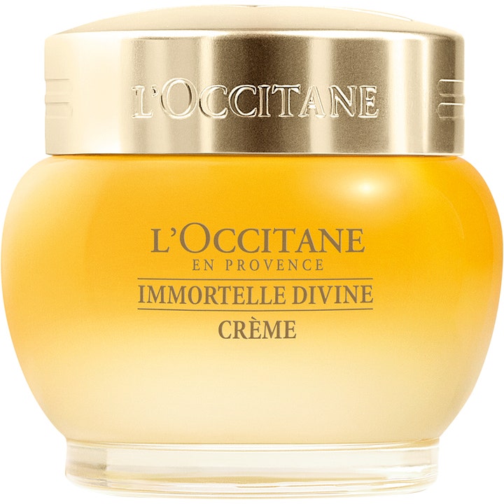 L'Occitane Immortelle Divine Cream 50 ml anti-age ansigtscreme i en luksuriøs gul glaskrukke med guldlåg