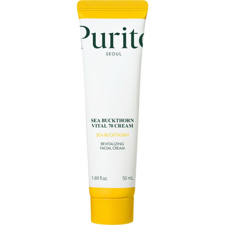 Purito Sea Buckthorn Vital 70 Cream 50 ml lysnende ansigtscreme i hvid og orange tube der giver huden glød