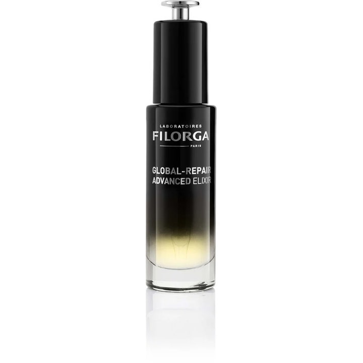 Filorga Global-Repair Advanced Elixir 30 ml reparerende ansigtsserum i sort gradient glasflaske med sølvpumpe