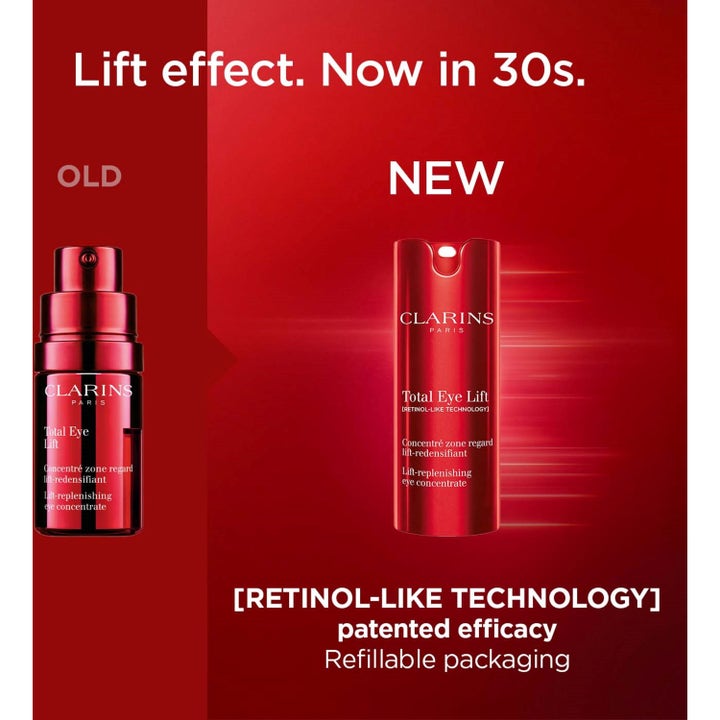 Clarins Total Eye Lift 15 ml øjencreme viser ny genopfyldelig rød emballage med effektiv retinol-lignende teknologi