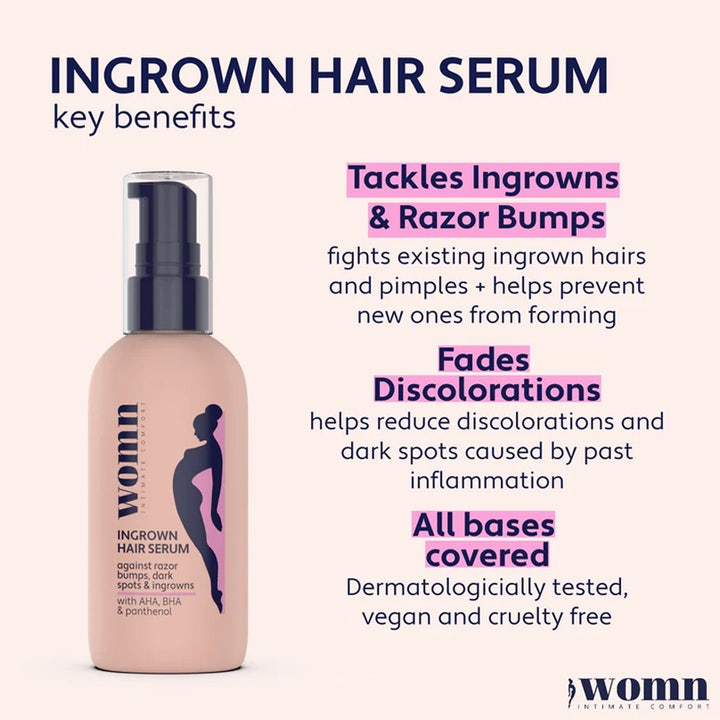 Womn Ingrown Hair Serum 50 ml intimpleje mod indgroede hår vist med infografik om fordele og ingredienser