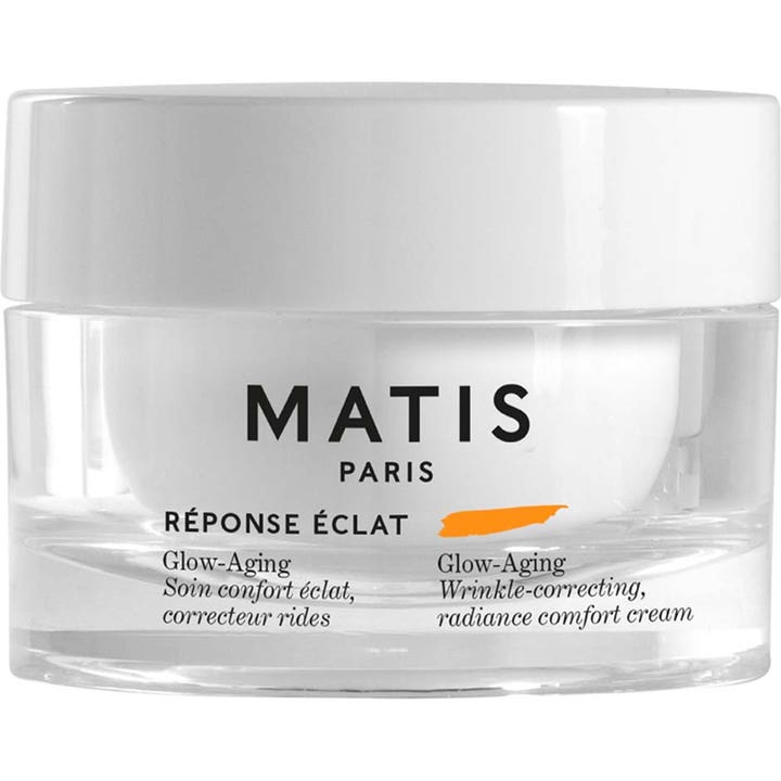 MATIS Réponse Éclat Glow-Aging 50 ml rynkekorrigerende ansigtscreme i klar glaskrukke med hvidt låg for øget glød