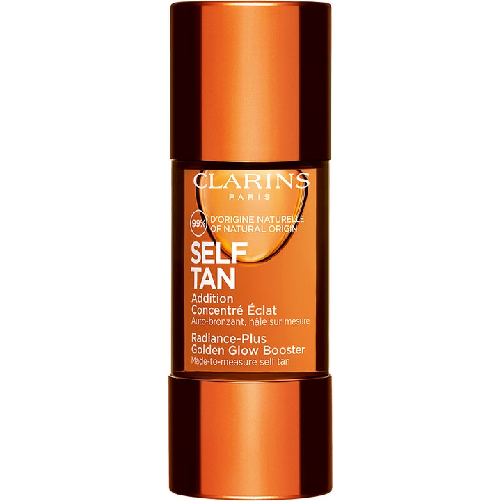 Clarins Self Tan Radiance-Plus Golden Glow Booster 15ml selvbruner giver glød i en metallisk bronzefarvet flaske.