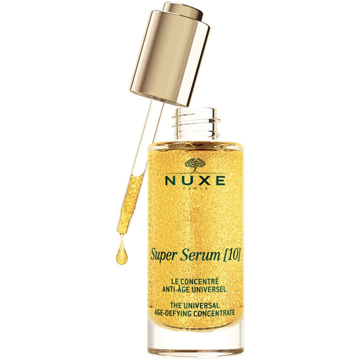 Nuxe Super Serum 50 ml anti-age ansigtsserum med gyldne mikrokugler i glasflaske og pipette.