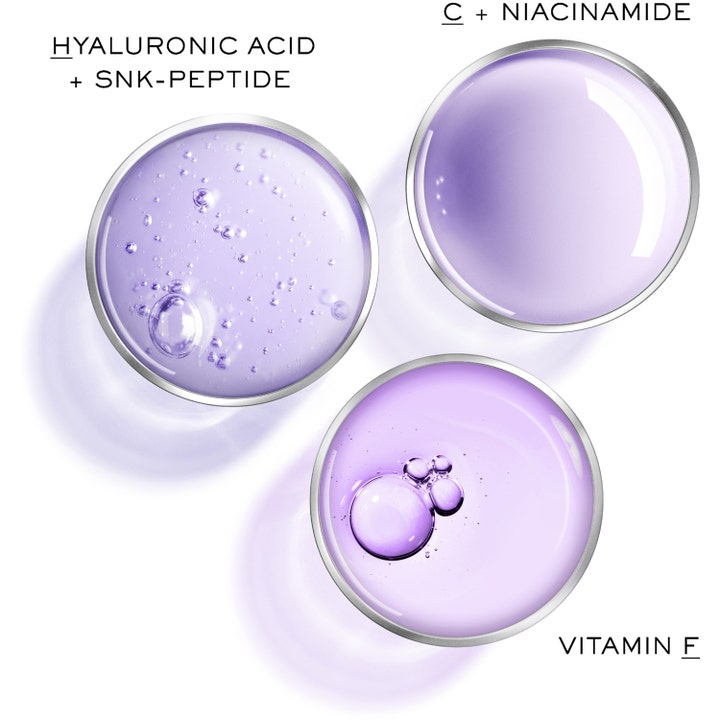 Lancôme Rénergie H.C.F. Triple Serum Eye 20 ml øjenserum viser lilla teksturer med hyaluronsyre og niacinamid.