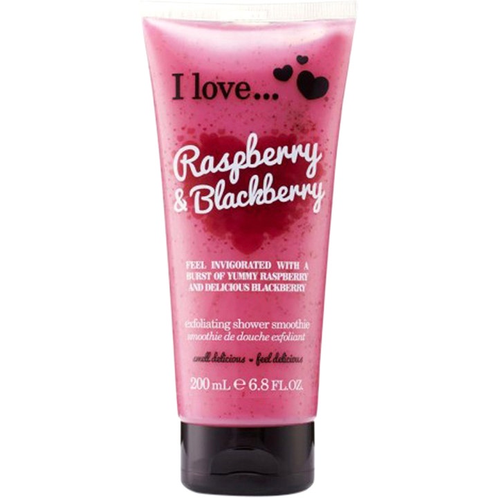 I Love... Raspberry & Blackberry 200 ml eksfolierende shower smoothie i en lyserød tube med sorte hjerter