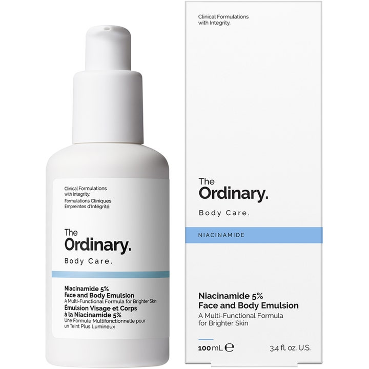 The Ordinary Niacinamide 5% Face & Body Emulsion 100 ml lysnende emulsion i hvid pumpeflaske og papæske