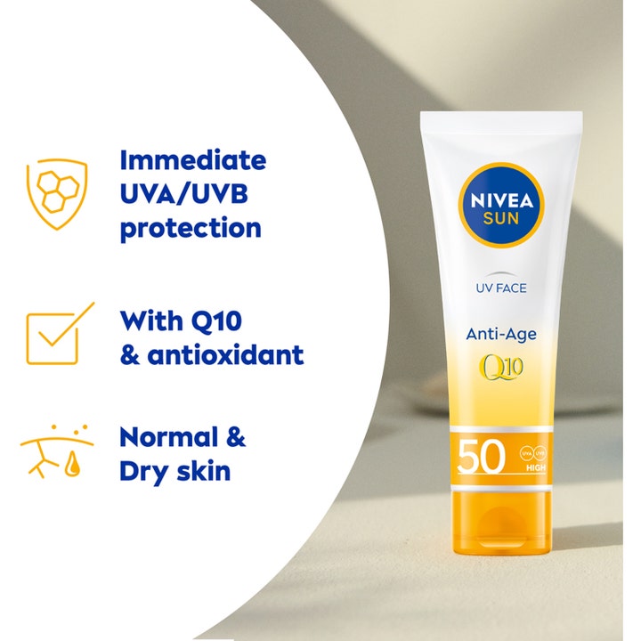 NIVEA Sun UV Face Anti Age Q10 Cream 50 ml ansigtssolcreme i hvid og gul tube med info om UVA og UVB beskyttelse