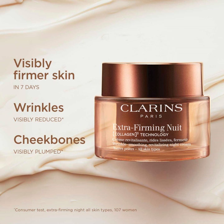 Clarins Extra-Firming Nuit 50 ml revitaliserende natcreme mod rynker i bronzefarvet krukke på cremet baggrund