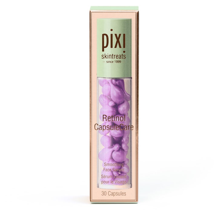 Pixi Retinol CapsuleCare 30 stk smoothing ansigtsserum i lilla kapsler i klar beholder med lysegrønt låg