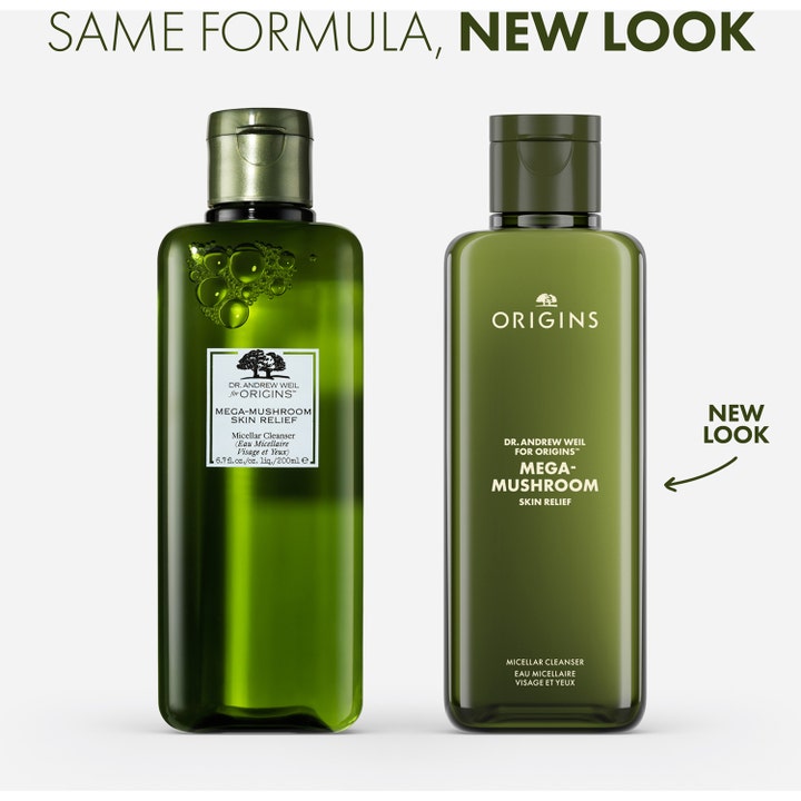 Origins Dr. Weil Mega-Mushroom Micellar Cleanser 200 ml beroligende micellärvatten i mørkegrønne flasker med nyt look