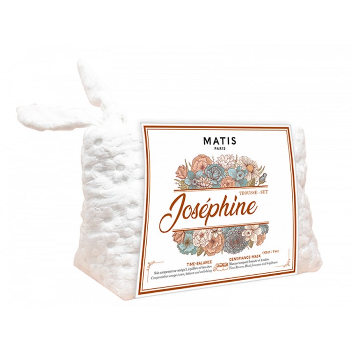 Matis Joséphine Trousse Set hudplejesæt i hvid mønstret kosmetikpung med dekorativ sløjfe og blomstret label