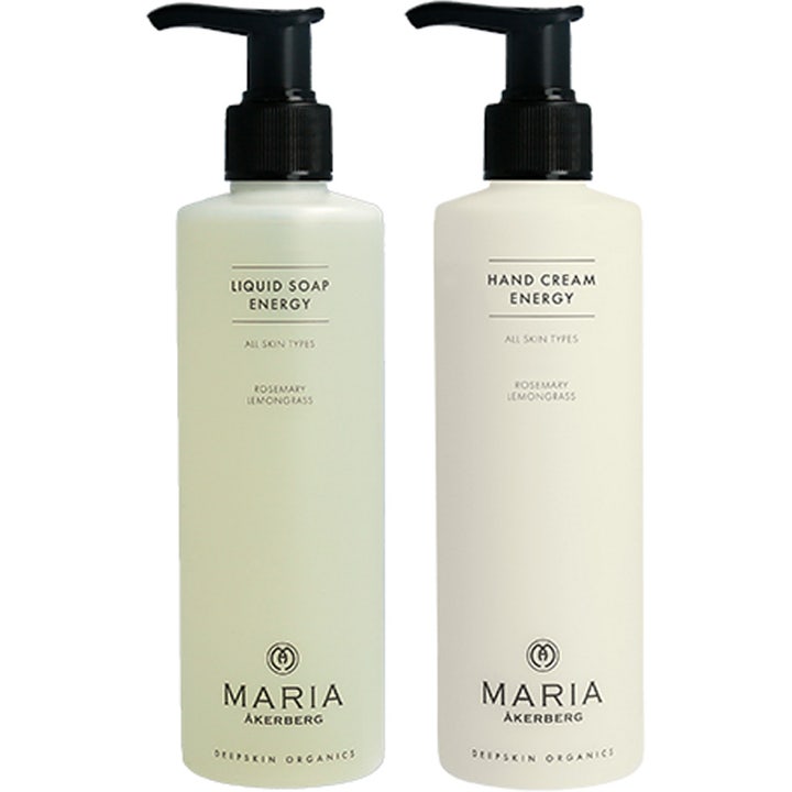 Maria Åkerberg Liquid Soap og Hand Cream Energy opfriskende kropspleje i hvide flasker med sorte pumper