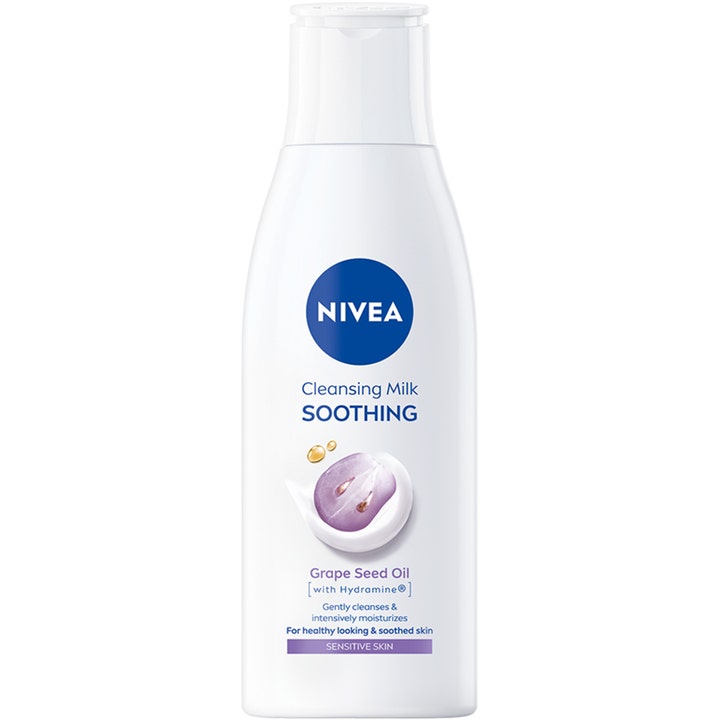 NIVEA Cleansing Milk Soothing 200 ml beroligende ansigtsrens i hvid flaske med vindruekerneolie og Hydramine