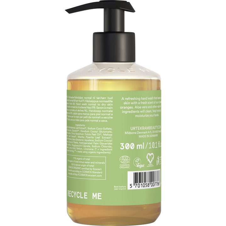 Urtekram Hand Soap Aloe Vera 300 ml fugtgivende håndsæbe på gennemsigtig flaske med ingrediensliste og sort pumpe.