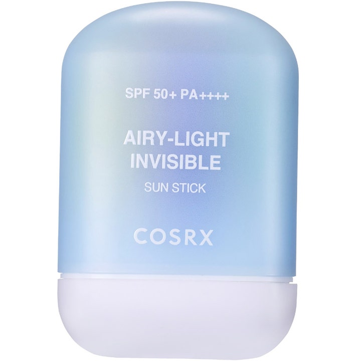 COSRX Airy-Light Invisible Sun Stick solcreme stift med SPF 50+ i en lyseblå afrundet plastbeholder