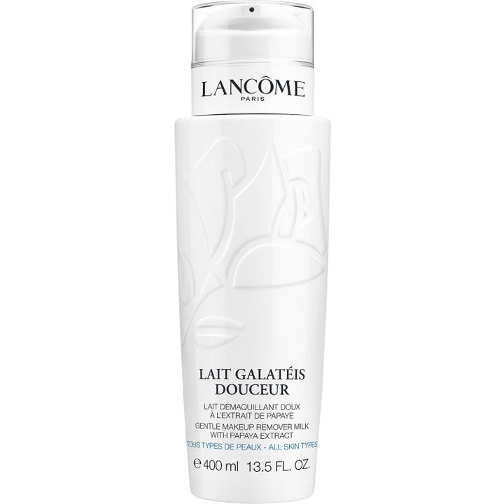 Lancôme Galatéis Douceur 400 ml mild makeupfjerner i hvid plastflaske med præget rosenlogo og klart låg