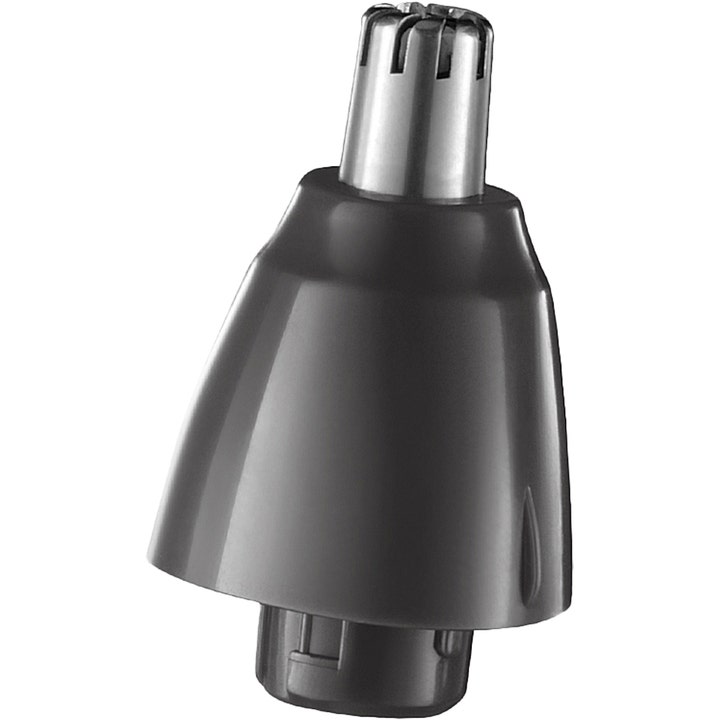 Remington Nose & Ear Trimmer NE3850 1 stk næsehårstrimmer med et roterende skærehoved i sølv og mørkegrå plast.