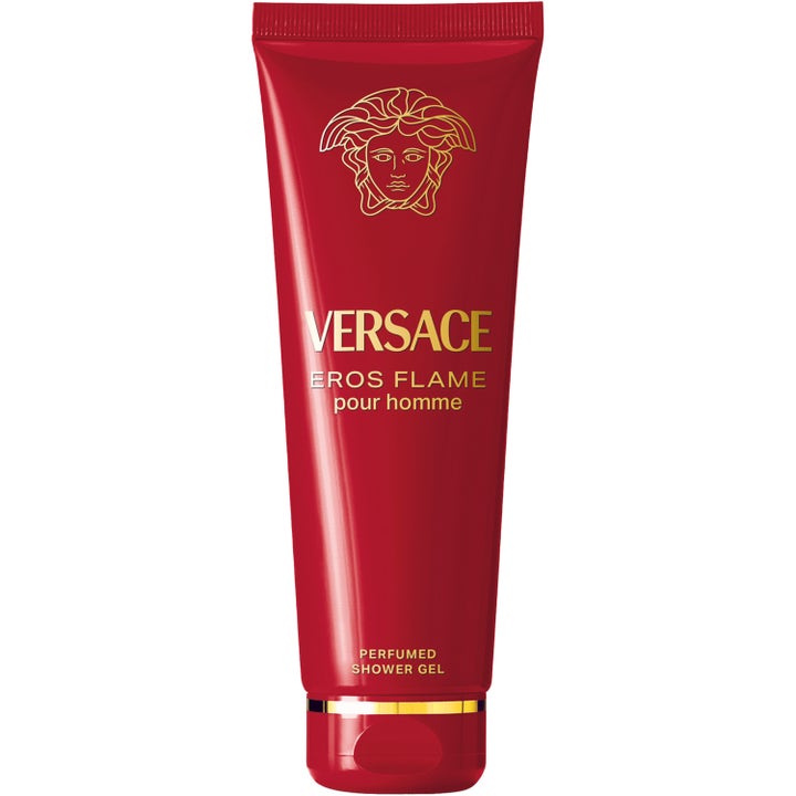 Versace Eros Flame Pour Homme 250 ml velduftende shower gel i rød tube med guld Medusa logo og detaljer