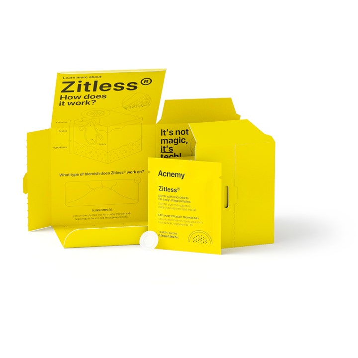 Niche Beauty Lab Acnemy Zitless 5 stk bumseplaster i gul emballage med infografik om microdarts