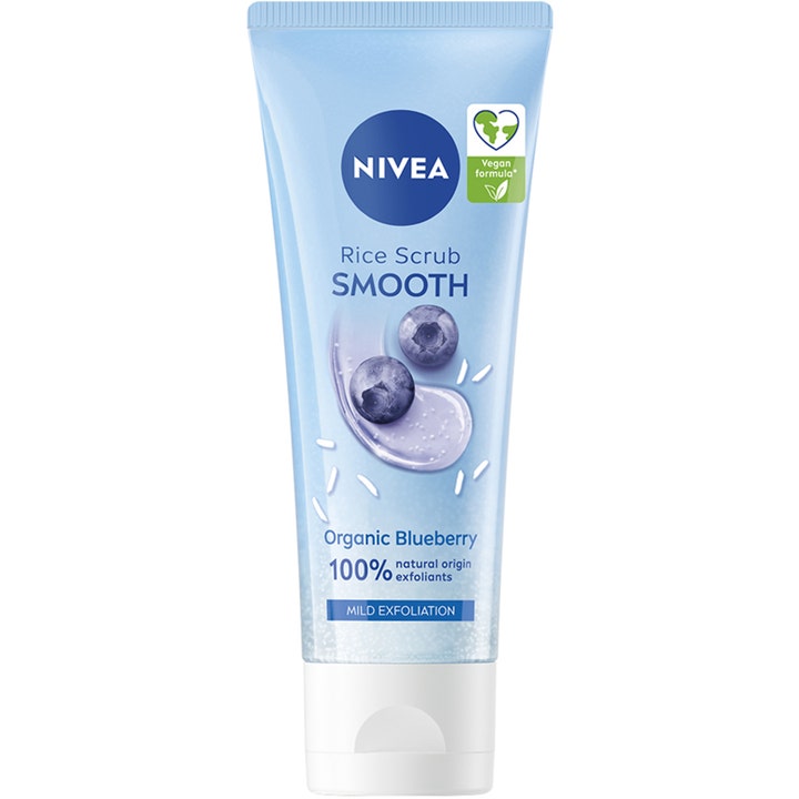 NIVEA Smooth Rice Scrub 75 ml ansigtsskrubb til mild eksfoliering i lyseblå tube med økologiske blåbær
