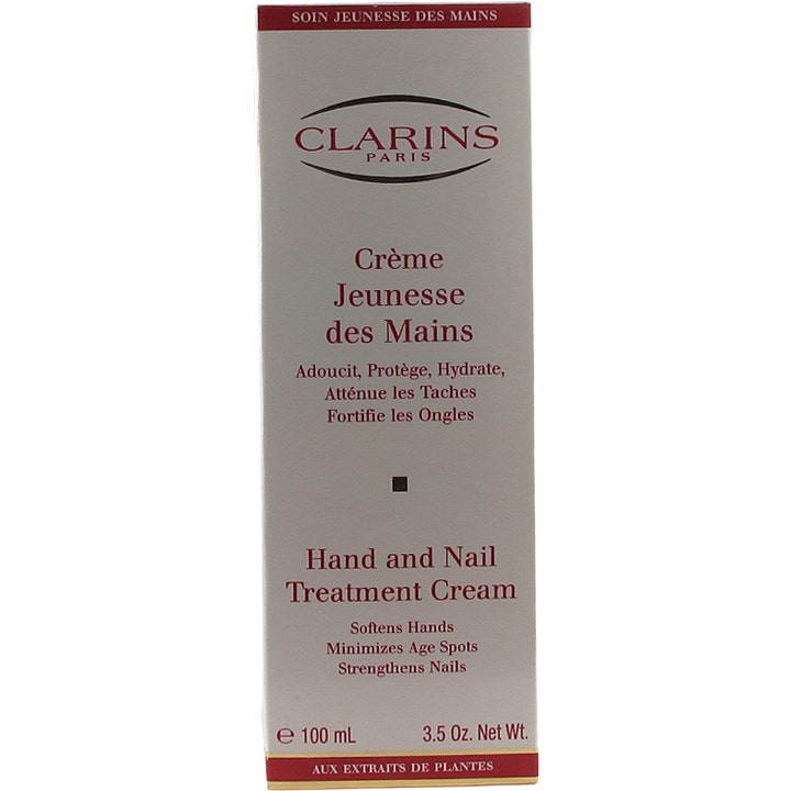 Clarins Hand & Nail Treatment Cream 100 ml blødgørende håndcreme i hvid ydre emballage med rød og sort tekst