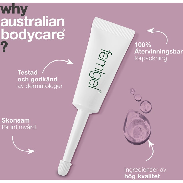 Australian Bodycare Femigel 25 ml intimpleje mod irritation vist med gennemsigtig geltekstur og tube