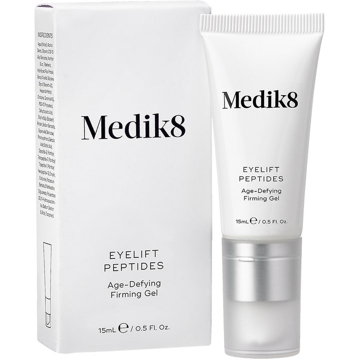 Medik8 EyeLift Peptides 15 ml opstrammende øjengel mod ældningstegn i hvid tube og æske med sølvfarvet låg