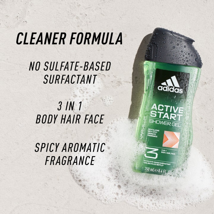 Adidas Active Start For Him Shower Gel 400 ml revitaliserende 3-i-1 i grøn flaske omgivet af hvidt skum.