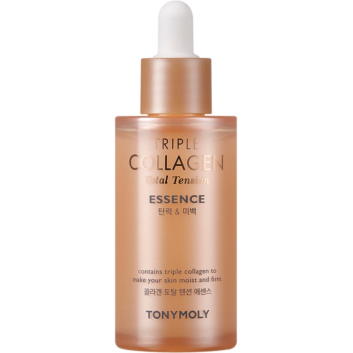 TonyMoly Triple Collagen Total Tension Essence 50ml opstrammende serum i ferskenfarvet flaske med pipette.