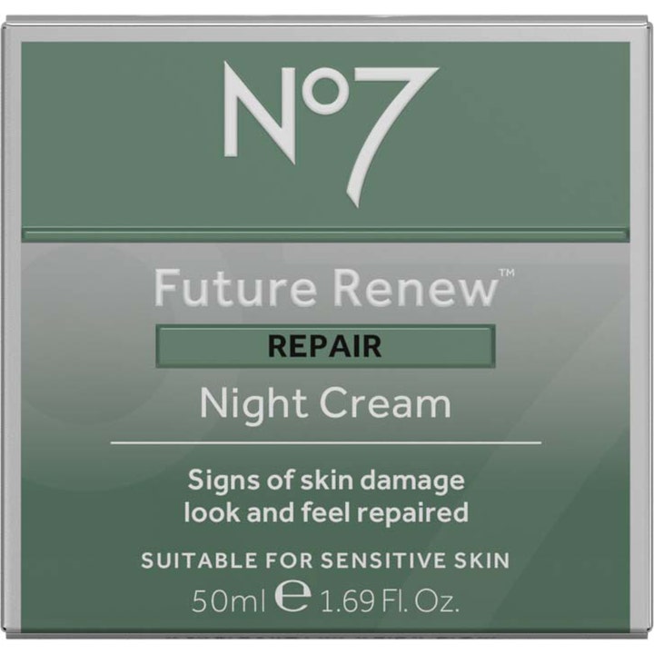 No7 Future Renew Repair Night Cream 50 ml reparerende natcreme i grøn og sølvfarvet emballage