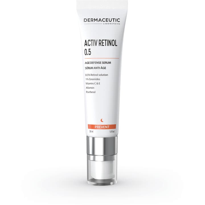 Dermaceutic Activ Retinol 0.5 30 ml anti-age serum der fornyer huden i hvid tube med sølvpumpe og klar hætte