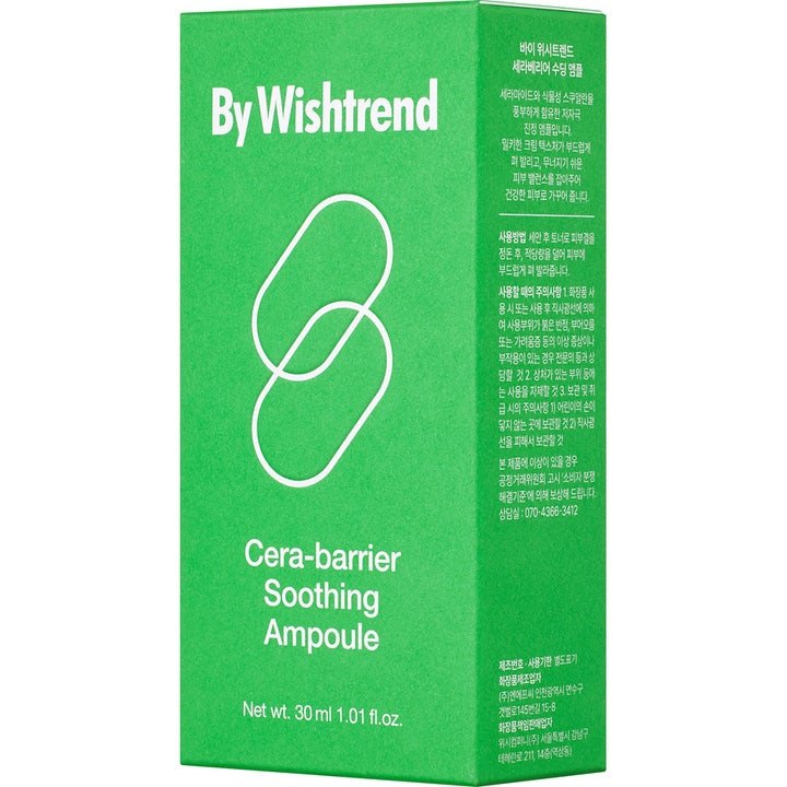 By Wishtrend Cera-barrier Soothing Ampoule 30 ml beroligende serum i grøn papæske med hvid tekst