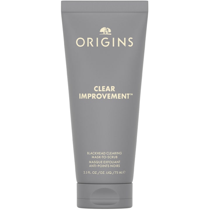 Origins Clear Improvement Mask-to-Scrub 75 ml eksfolierende ansigtsmaske i grå tube der bekæmper hudorme effektivt