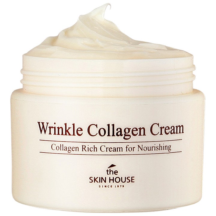 The Skin House Wrinkle Collagen Cream nærende og opstrammende ansigtscreme i hvid krukke med rig tekstur