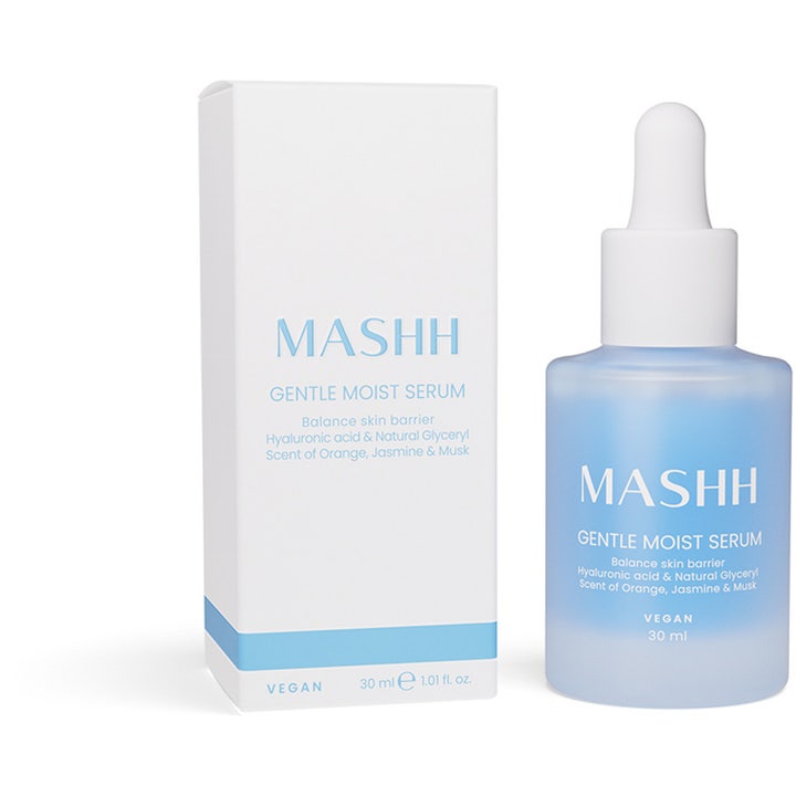 MASHH Gentle Moist Serum 30 ml fugtgivende vegansk serum med hyaluronsyre i frostet lyseblå flaske og hvid æske.