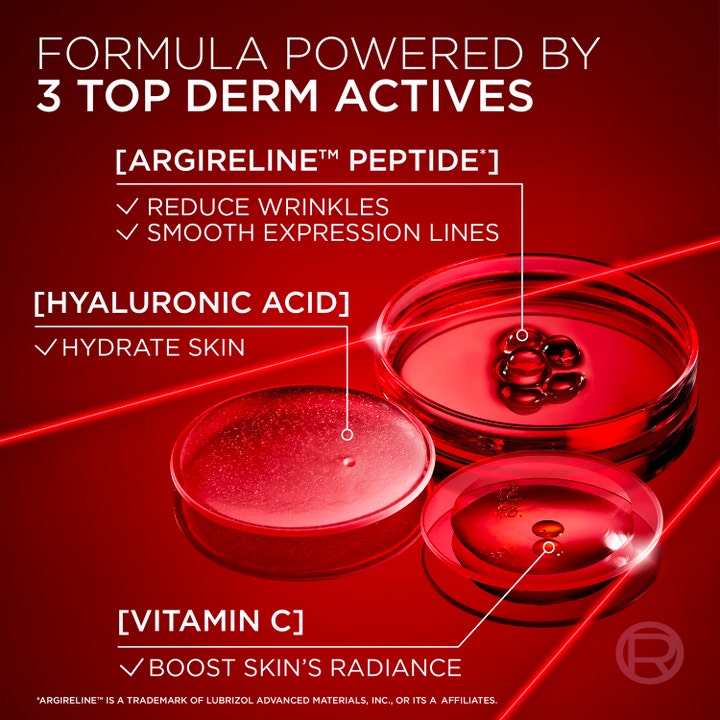 L'Oréal Paris Revitalift Laser Serum 30 ml anti-age serum med hyaluronsyre og vitamin C i petriskåle på rød baggrund