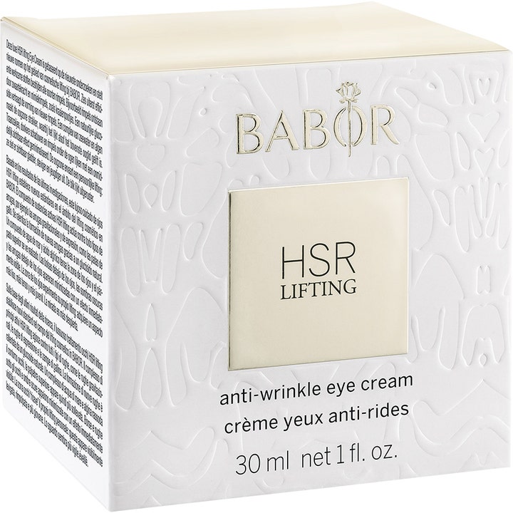 Babor HSR Lifting Eye Cream 30 ml opstrammende øjencreme i hvid æske med præget mønster og guldlogo