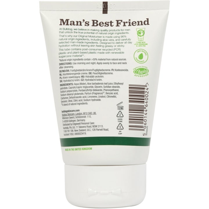 Bulldog Original Moisturiser 100 ml fugtgivende dagcreme i hvid tube set bagfra med ingrediensliste