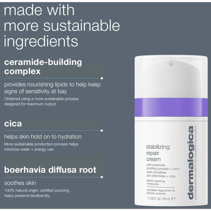Dermalogica Stabilizing Repair Cream 2x 15 ml beroligende ansigtscreme i hvid pumpeflaske med info om cica og ceramide