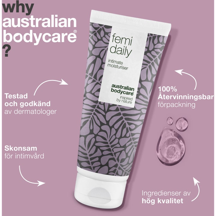 Australian Bodycare Femi Daily 200 ml intimcreme mod kløe i tube med gennemsigtig gel og infografik