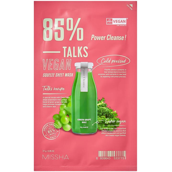 Missha Talks Vegan Squeeze Sheet Mask 27g rengørende ansigtsmaske i lyserød emballage med grøn juice og druer.