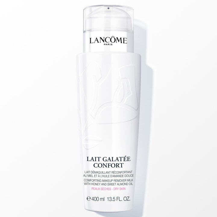 Lancôme Lait Galatée Confort 400 ml beroligende rensemælk til tør hud i hvid pumpeflaske med gennemsigtigt låg