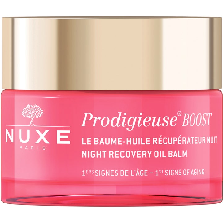 Nuxe Prodigieuse Boost Night Recovery Oil Balm natcreme der modvirker de første alderstegn i lyserød glaskrukke med guldlåg