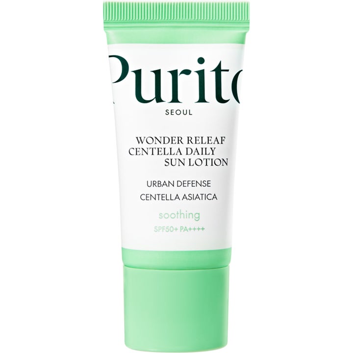 Purito Wonder Releaf Centella Daily Sun Lotion 60ml beroligende solcreme i hvid og grøn tube der giver SPF50+