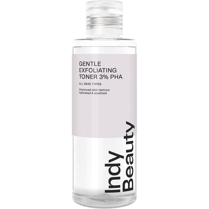 Indy Beauty Gentle Exfoliating Toner 3% PHA 125 ml eksfolierende toner i klar plastflaske med hvid label